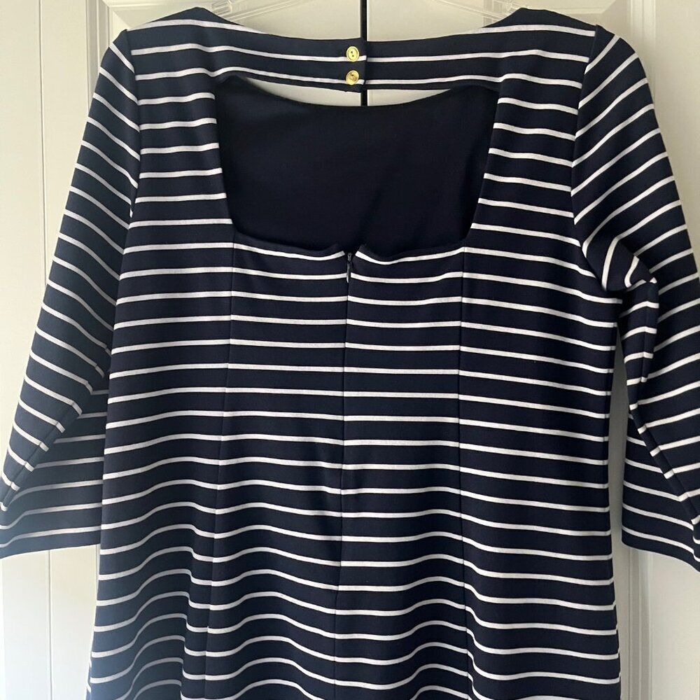 1901 Stripe Boat Neck Ponte Dress Nautical Navy Blue Long Sleeve Open Back, 16 - Picture 5 of 7